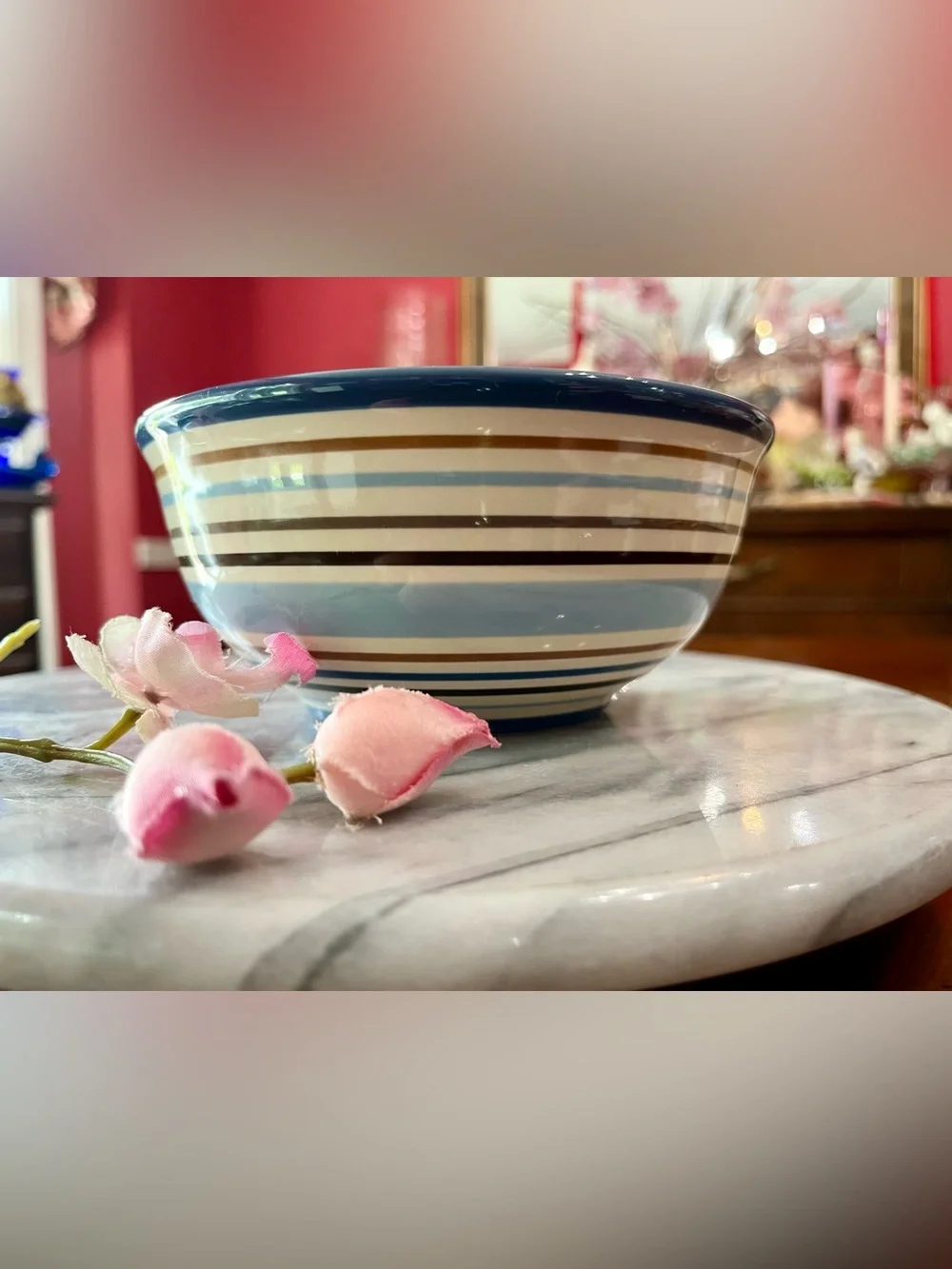 Vintage Longaberger Pottery Cabana Blue Stripe Round Serving Bowl Vitrified USA